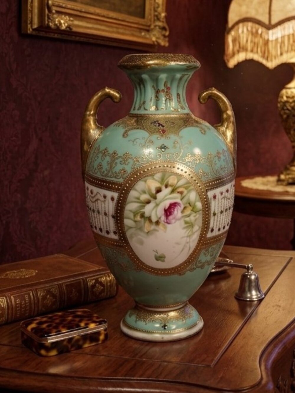 Vintage Nippon Double Handle Hand Painted Flower Vase Urn